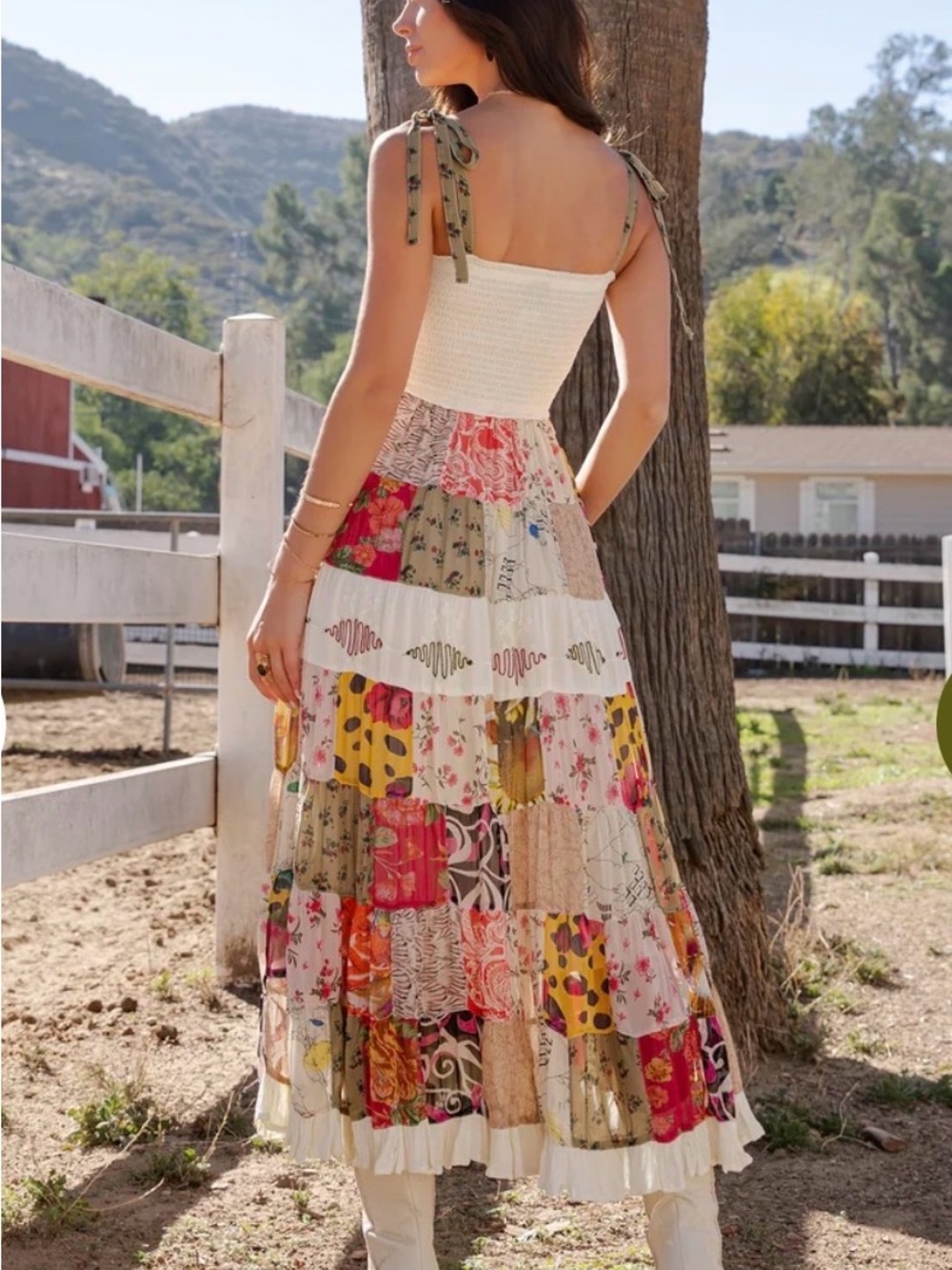 K159 Young Threads Sz S Smocked Bodice Patchwork Maxi Dress Pockets Lined NWT - Picture 4 of 16